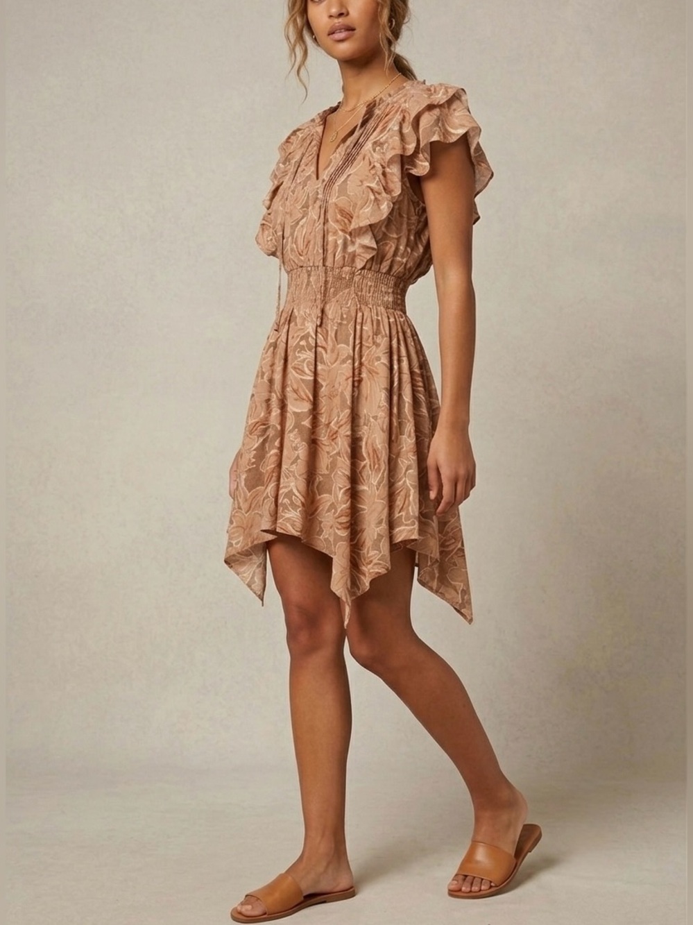 Jacquie the Label Mocha Floral Boho Handkerchief Mini Dress Size Small